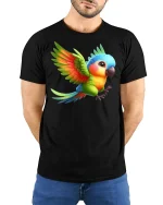 Cute Colorful Flying Parrot Art Tee Bright Tropical Style - model wearing black tee with hands behind back