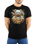 Dont Cry Money Teddy Bear Cartoon Art Tee Bold Street Style - model wearing black tee with hands behind back