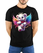 Cute Angel Bear Cupid Art Tee Adorable Love Fantasy Illustration - model wearing black tee with hands behind back