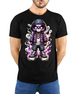 Dark Street Skull Hoodie Art Tee Cool Ghost Urban Style - model wearing black tee with hands behind back