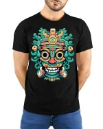 Colorful Tribal Mask Art Tee Bold Aztec Inspired Street Design - model wearing black tee with hands behind back