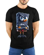 Angry Cartoon Sponge Character Art Tee Funny Grumpy Mood Style - model wearing black tee with hands behind back