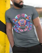 Colorful Mandala Crab Art Tee Vibrant Ocean Inspired Design - model wearing grey tee, leaning on column