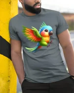 Cute Colorful Flying Parrot Art Tee Bright Tropical Style - model wearing grey tee, leaning on column