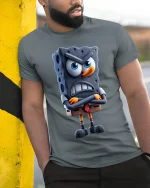 Angry Cartoon Sponge Character Art Tee Funny Grumpy Mood Style - model wearing grey tee, leaning on column