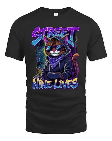 Street Nine Lives Cat Graffiti T Shirt Urban Cool Vibes - black t-shirt on white background