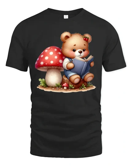 Cute Teddy Bear Reading Book T Shirt Whimsical Forest Art - black t-shirt on white background