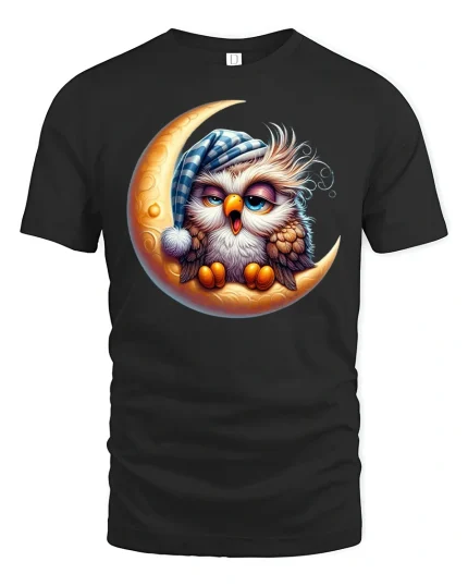 Sleepy Owl On Moon T Shirt Cute Night Art - black t-shirt on white background