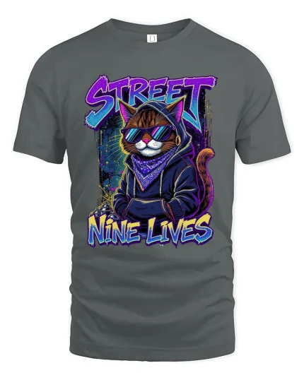 Street Nine Lives Cat Graffiti T Shirt Urban Cool Vibes - gray t-shirt on white background