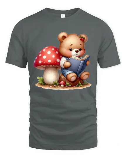 Cute Teddy Bear Reading Book T Shirt Whimsical Forest Art - gray t-shirt on white background