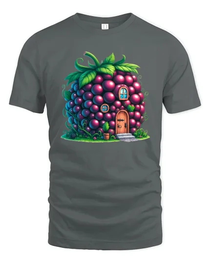 Whimsical Blackberry Cottage T Shirt Fantasy Fruit House - gray t-shirt on white background