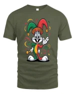 Funny Jester Bunny T Shirt Cartoon Carnival Style - military green t-shirt on white background