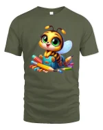 Cute School Bee T Shirt Adorable Cartoon Student Art - military green t-shirt on white background