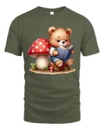 Cute Teddy Bear Reading Book T Shirt Whimsical Forest Art - military green t-shirt on white background