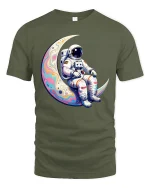 Astronaut Sitting On Moon T Shirt Cosmic Dream Art - military green t-shirt on white background