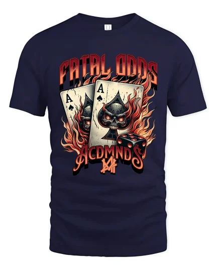 Fatal Odds Skull Ace Cards T Shirt Fiery Gambling Art - navy t-shirt on white background