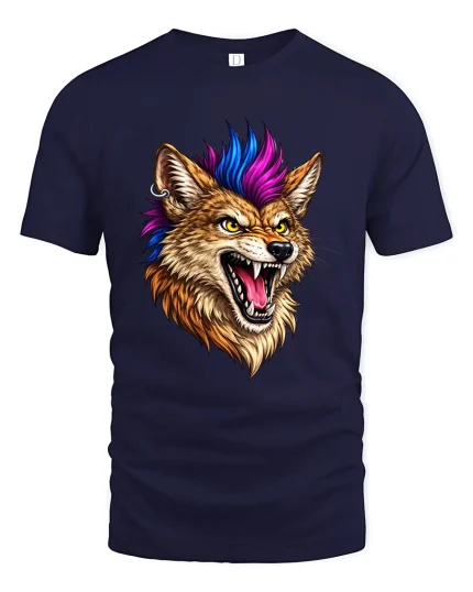 Punk Wolf Head Graphic T Shirt Fierce Neon Style - navy t-shirt on white background