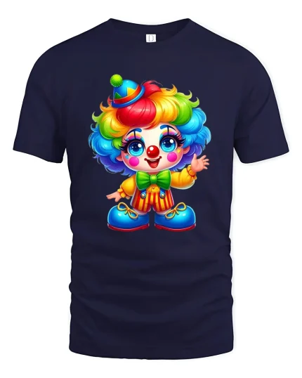 Cute Rainbow Clown T Shirt Adorable Cartoon Circus Art - navy t-shirt on white background