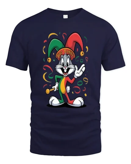Funny Jester Bunny T Shirt Cartoon Carnival Style - navy t-shirt on white background