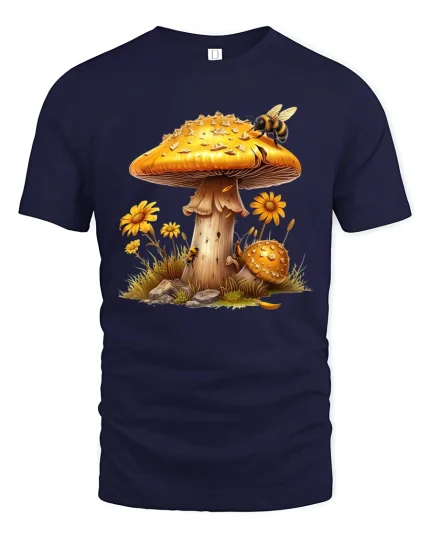 Golden Mushroom Bee T Shirt Whimsical Nature Art - navy t-shirt on white background