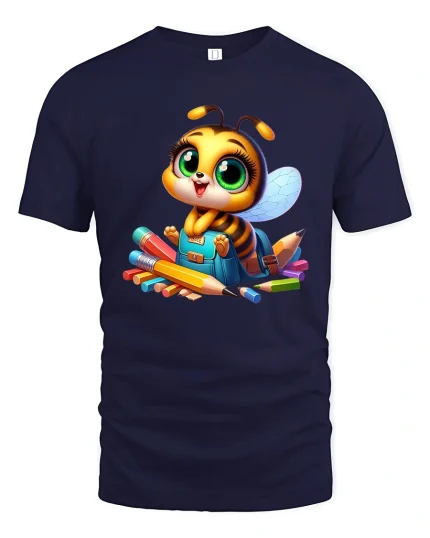Cute School Bee T Shirt Adorable Cartoon Student Art - navy t-shirt on white background