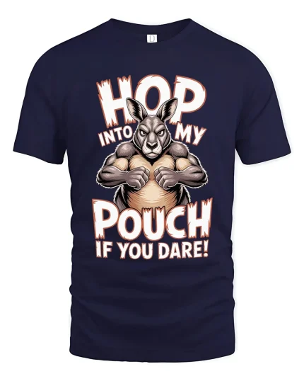 Hop Into My Pouch T Shirt Funny Kangaroo Graphic - navy t-shirt on white background