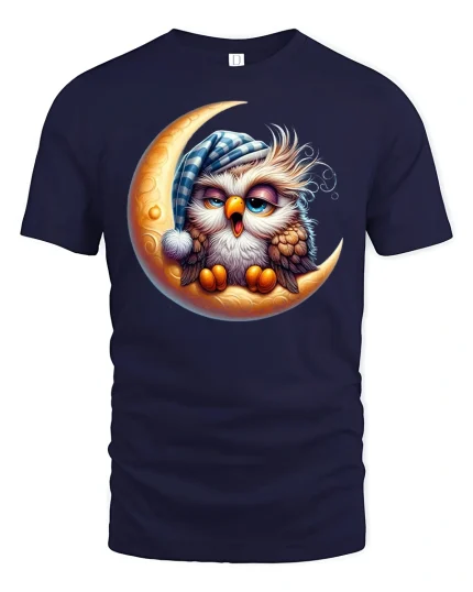 Sleepy Owl On Moon T Shirt Cute Night Art - navy t-shirt on white background