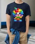 Cute Rainbow Clown T Shirt Adorable Cartoon Circus Art - model wearing navy tee with hands in pockets