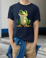 Cute Green Frog T Shirt Adorable Cartoon Amphibian Art - model wearing navy tee with hands in pockets