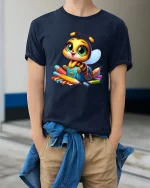 Cute School Bee T Shirt Adorable Cartoon Student Art - model wearing navy tee with hands in pockets