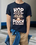Hop Into My Pouch T Shirt Funny Kangaroo Graphic - model wearing navy tee with hands in pockets