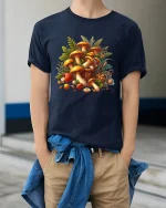 Wild Forest Mushroom Basket T Shirt Rustic Nature Art - model wearing navy tee with hands in pockets