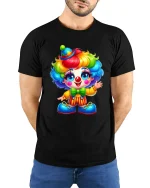 Cute Rainbow Clown T Shirt Adorable Cartoon Circus Art - model wearing black tee with hands behind back