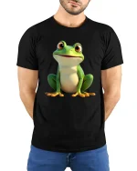 Cute Green Frog T Shirt Adorable Cartoon Amphibian Art - model wearing black tee with hands behind back