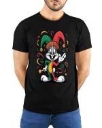 Funny Jester Bunny T Shirt Cartoon Carnival Style - model wearing black tee with hands behind back