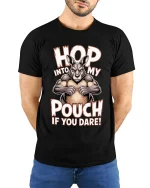Hop Into My Pouch T Shirt Funny Kangaroo Graphic - model wearing black tee with hands behind back