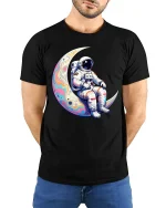 Astronaut Sitting On Moon T Shirt Cosmic Dream Art - model wearing black tee with hands behind back