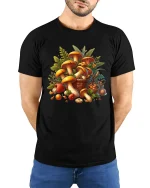 Wild Forest Mushroom Basket T Shirt Rustic Nature Art - model wearing black tee with hands behind back