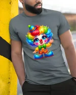 Cute Rainbow Clown T Shirt Adorable Cartoon Circus Art - model wearing grey tee, leaning on column