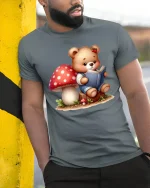 Cute Teddy Bear Reading Book T Shirt Whimsical Forest Art - model wearing grey tee, leaning on column