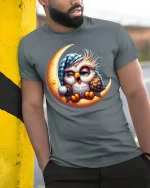 Sleepy Owl On Moon T Shirt Cute Night Art - model wearing grey tee, leaning on column