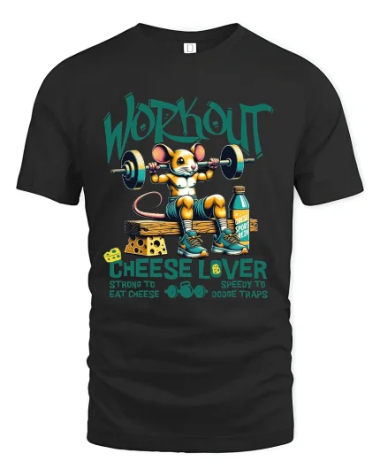 Workout Cheese Lover Funny Mouse Gym T Shirt - black t-shirt on white background