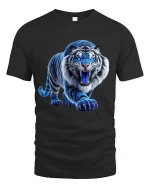 Blue Flame Tiger Roaring Graphic T Shirt - black t-shirt on white background