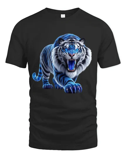 Blue Flame Tiger Roaring Graphic T Shirt - black t-shirt on white background