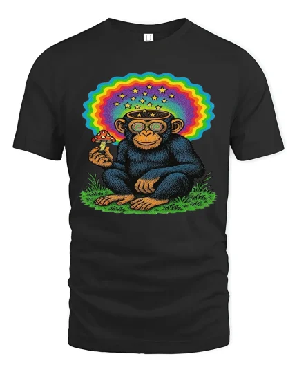 Psychedelic Monkey Mushroom Rainbow Graphic T Shirt - black t-shirt on white background