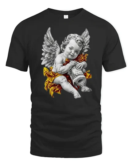 Vintage Cherub Angel Art Graphic T Shirt - black t-shirt on white background