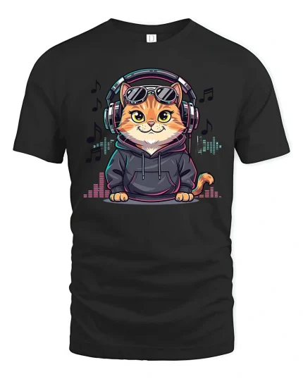 Cool DJ Cat Headphones Graphic T Shirt - black t-shirt on white background