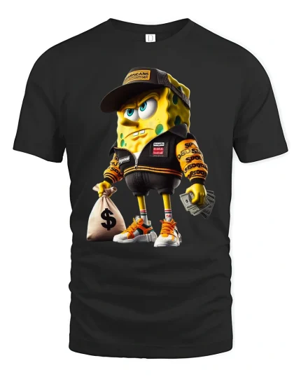 Money Hustle Sponge Parody Graphic T Shirt - black t-shirt on white background
