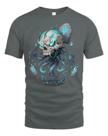 Haunted Skull Spirit T Shirt Dark Fantasy Graphic Tee - gray t-shirt on white background
