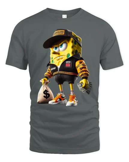 Money Hustle Sponge Parody Graphic T Shirt - gray t-shirt on white background